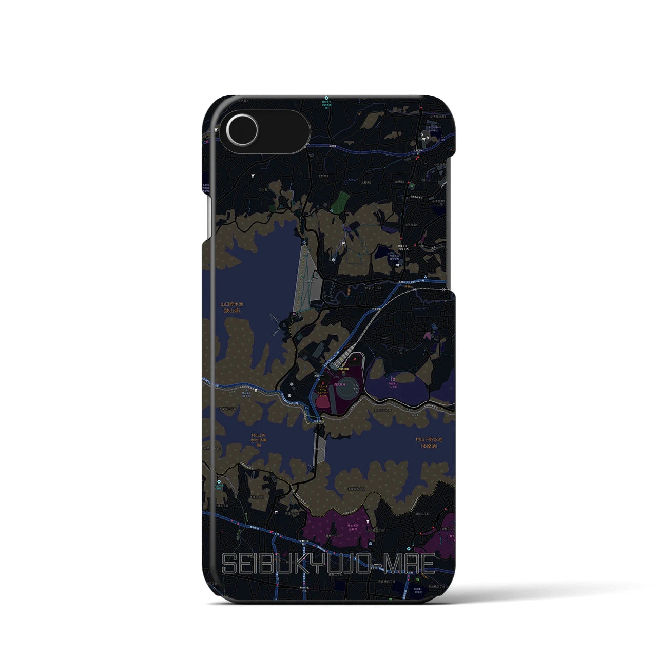 【西武球場前】地図柄iPhoneケース（バックカバータイプ・ブラック）iPhone SE（第3 / 第2世代） / 8 / 7 / 6s / 6 用