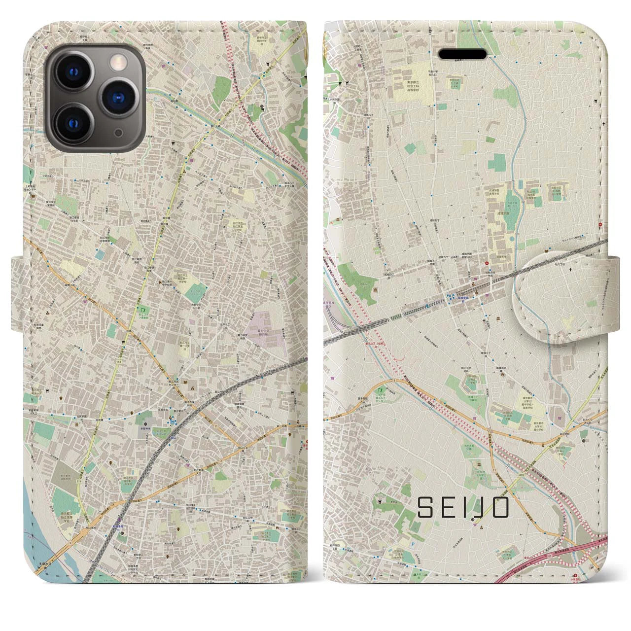 【成城】地図柄iPhoneケース（手帳両面タイプ・ナチュラル）iPhone 11 Pro Max 用