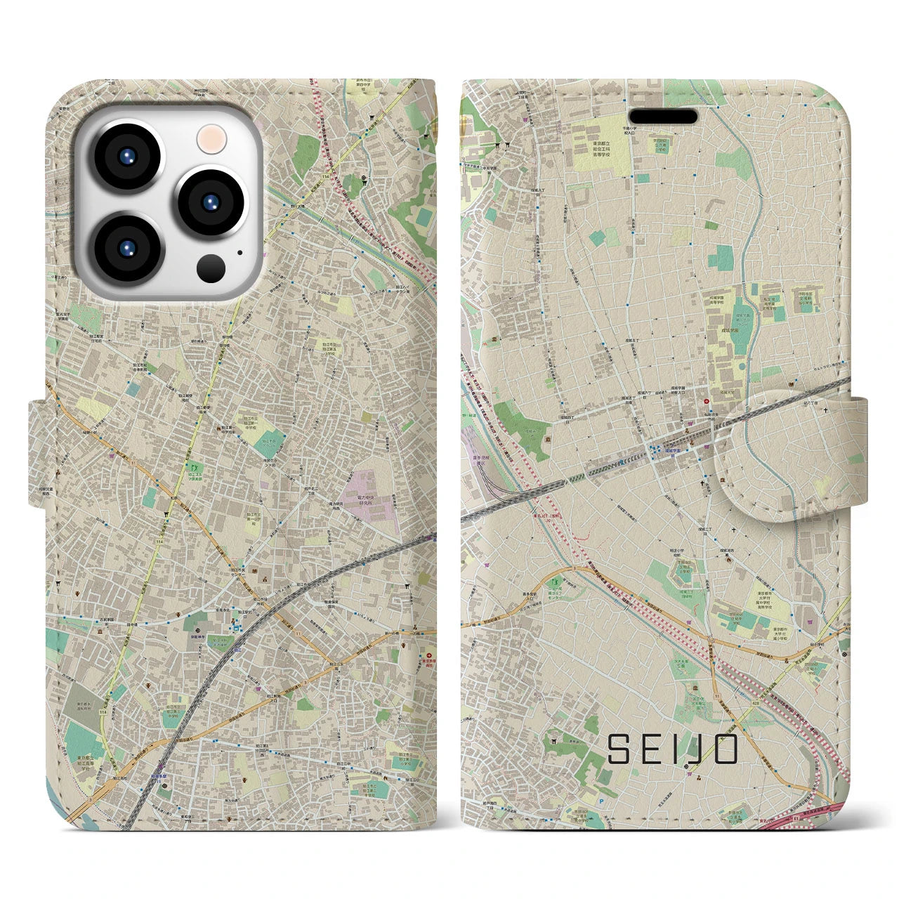 【成城】地図柄iPhoneケース（手帳両面タイプ・ナチュラル）iPhone 13 Pro 用