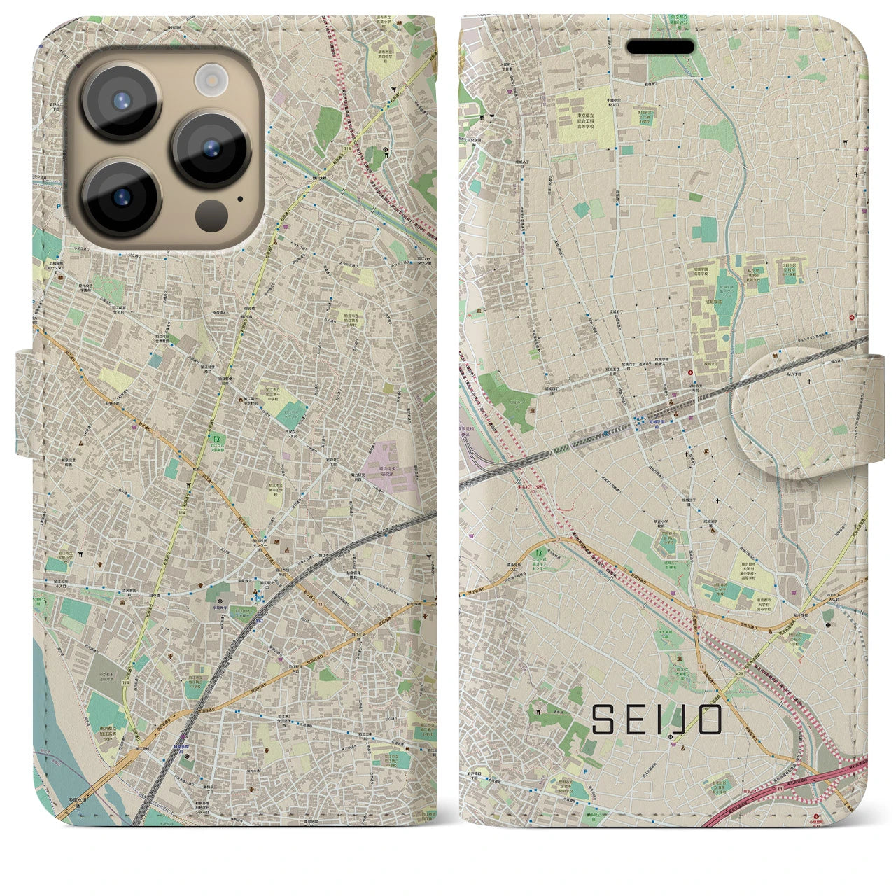【成城】地図柄iPhoneケース（手帳両面タイプ・ナチュラル）iPhone 14 Pro Max 用
