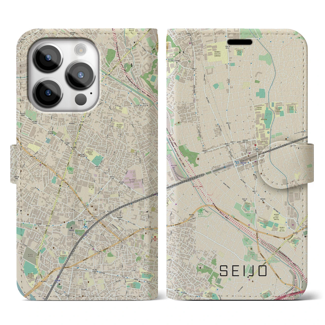 【成城】地図柄iPhoneケース（手帳両面タイプ・ナチュラル）iPhone 14 Pro 用