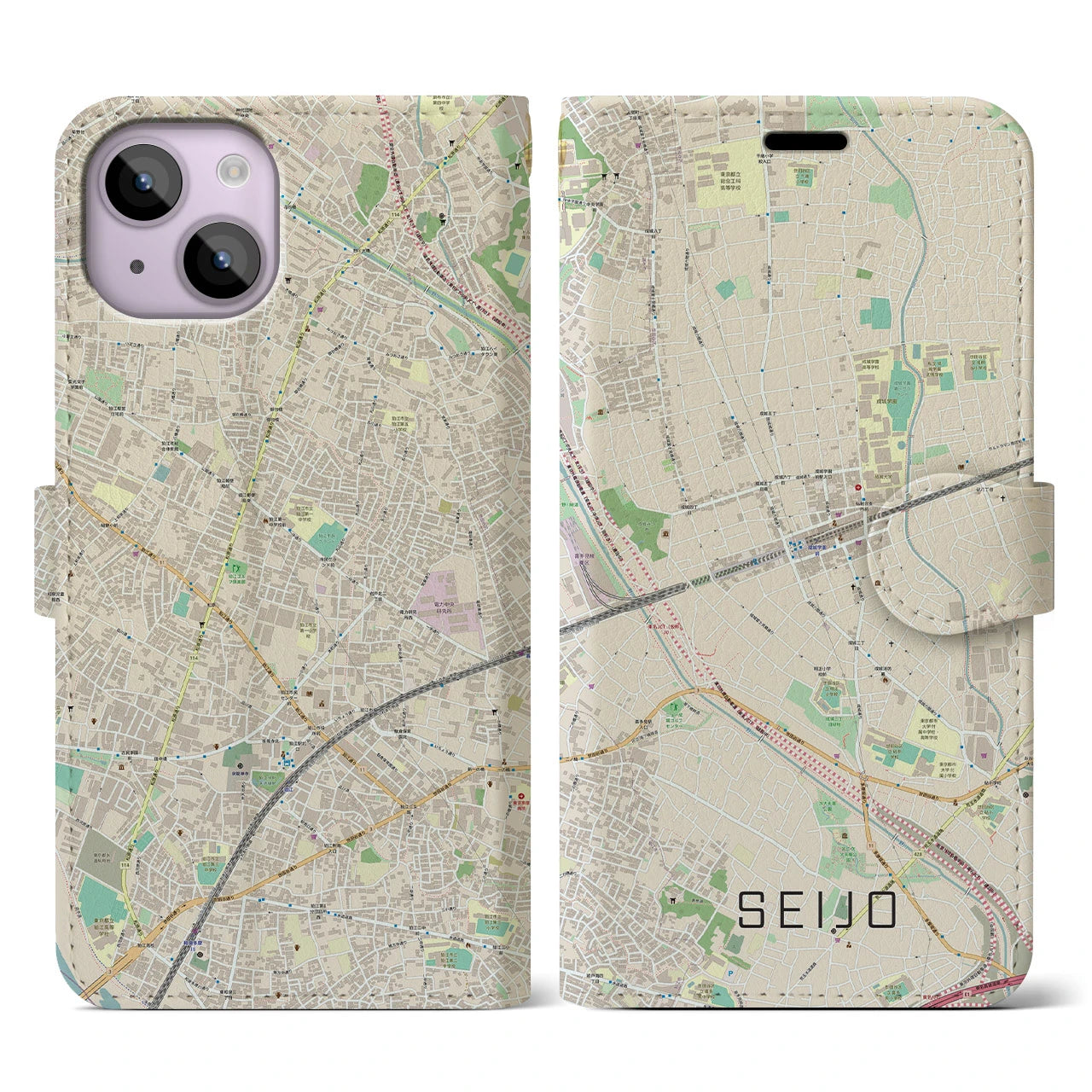 【成城】地図柄iPhoneケース（手帳両面タイプ・ナチュラル）iPhone 14 用