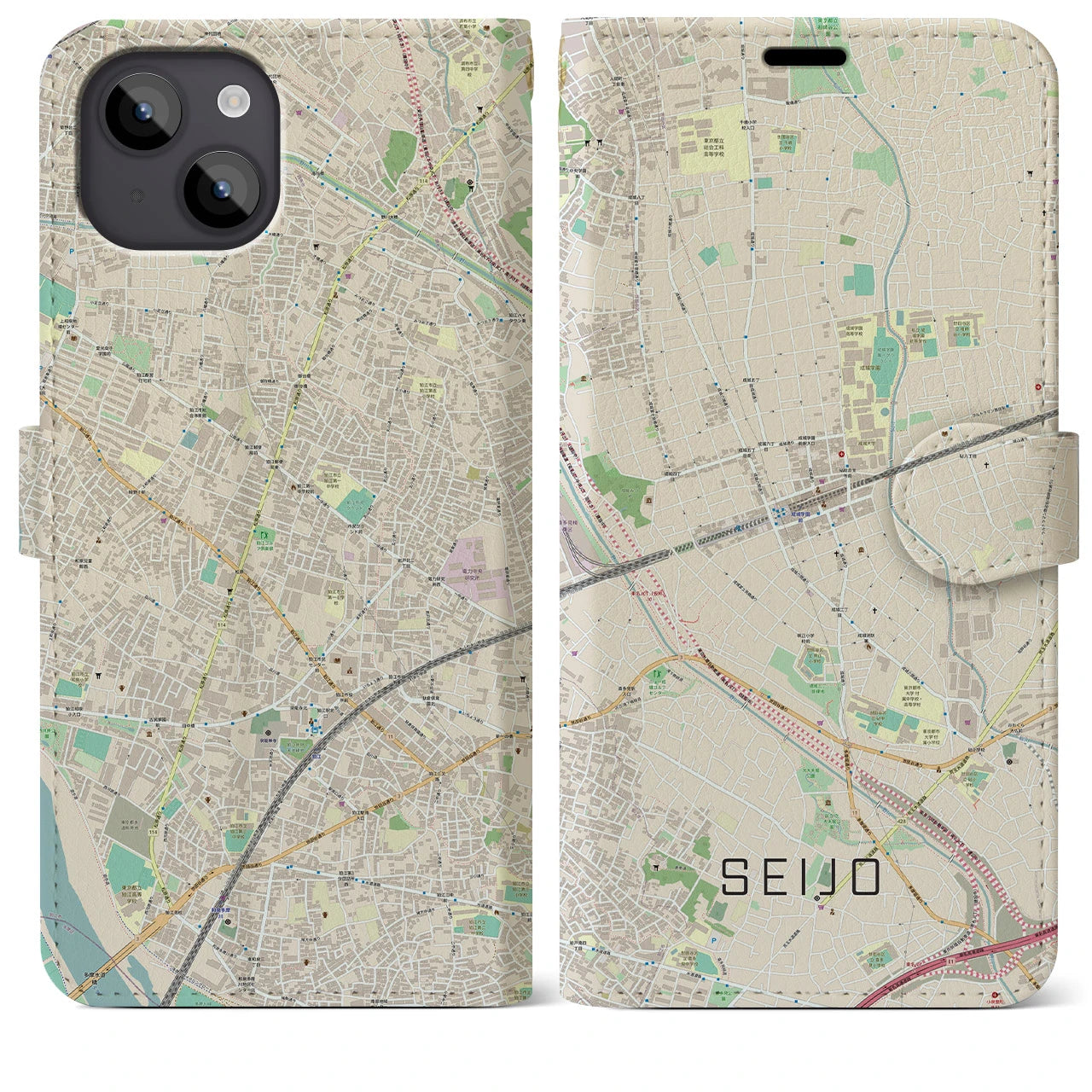 【成城】地図柄iPhoneケース（手帳両面タイプ・ナチュラル）iPhone 14 Plus 用