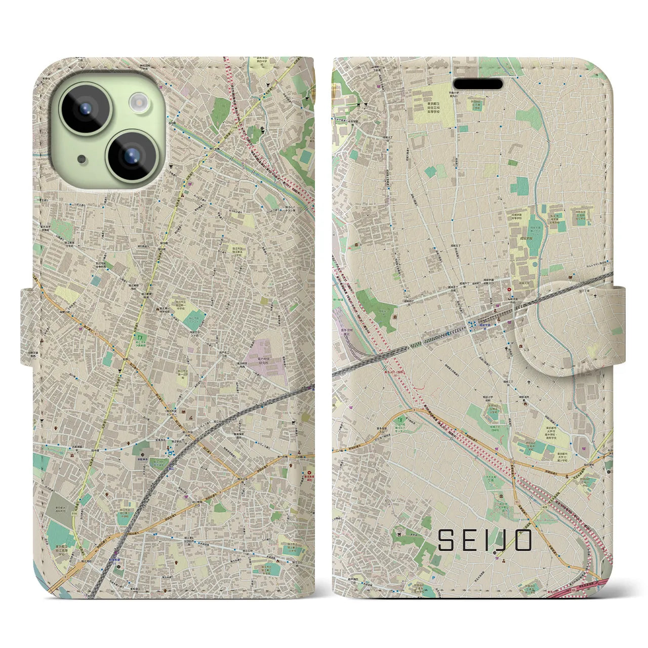 【成城】地図柄iPhoneケース（手帳両面タイプ・ナチュラル）iPhone 15 用