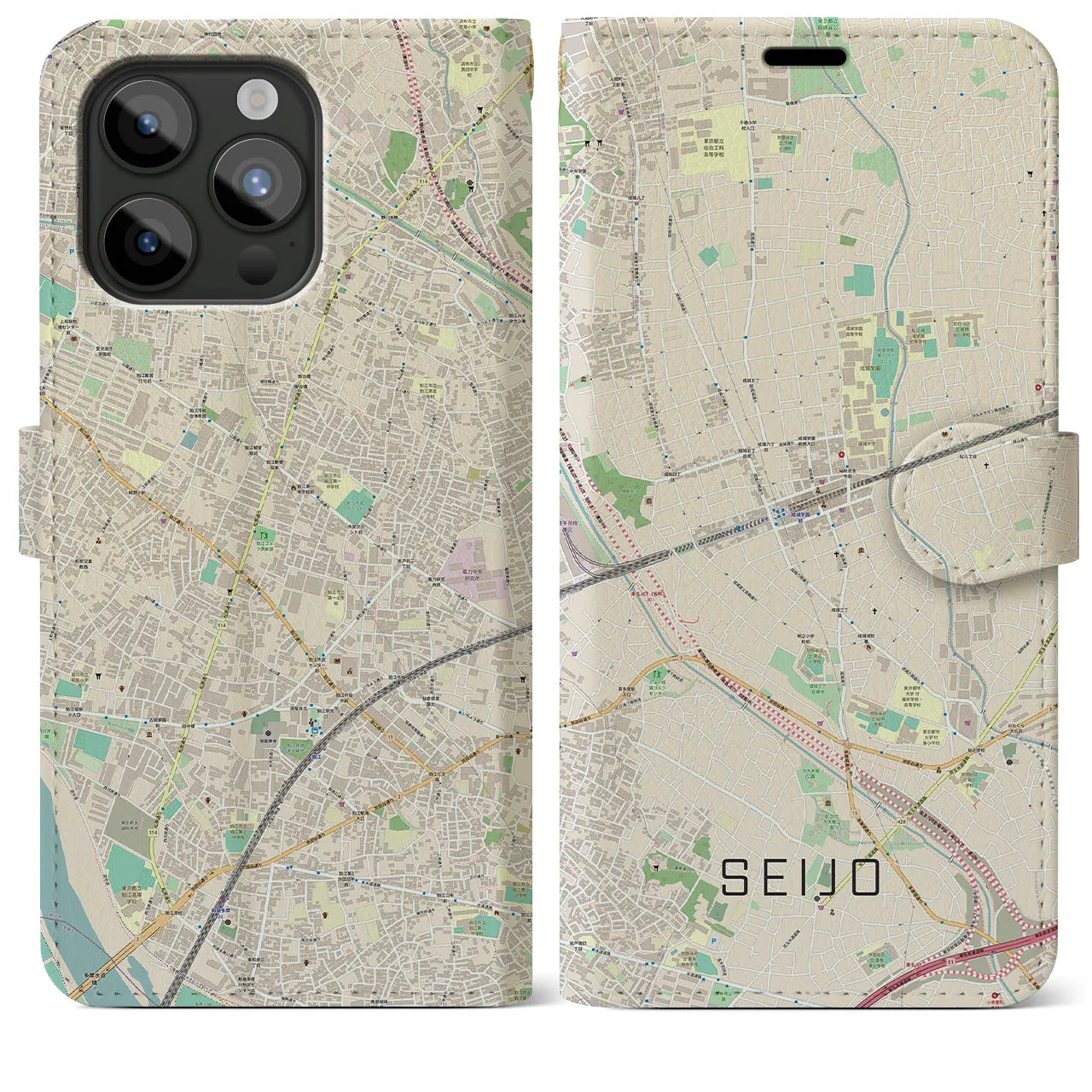 【成城】地図柄iPhoneケース（手帳両面タイプ・ナチュラル）iPhone 15 Pro Max 用