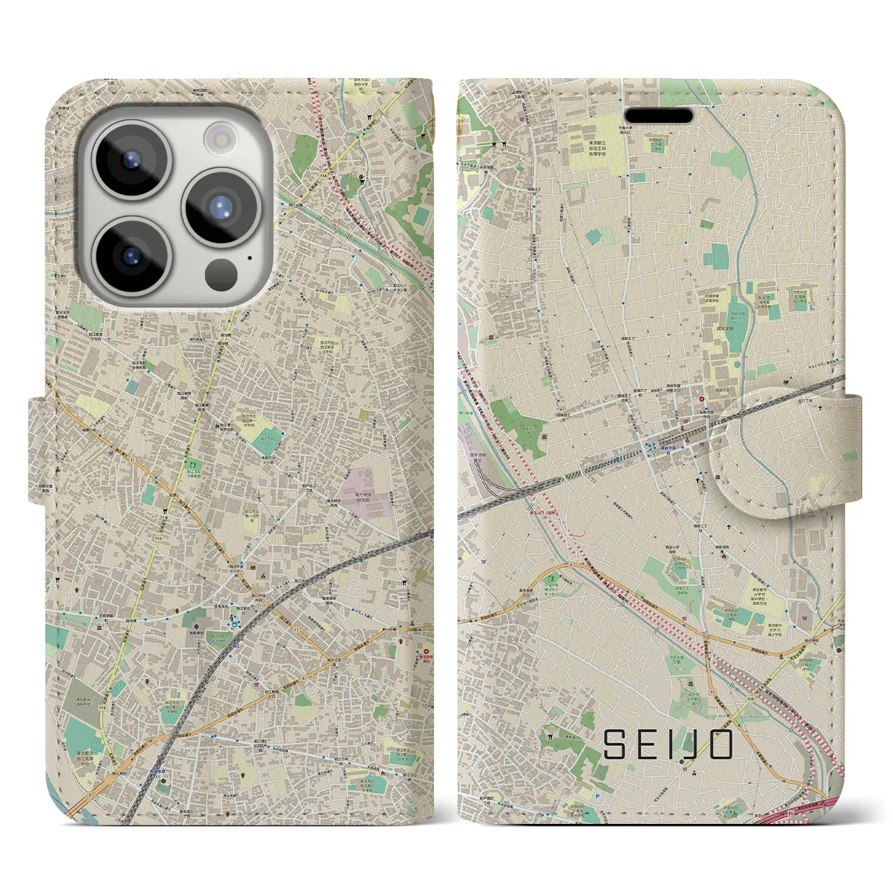 【成城】地図柄iPhoneケース（手帳両面タイプ・ナチュラル）iPhone 15 Pro 用