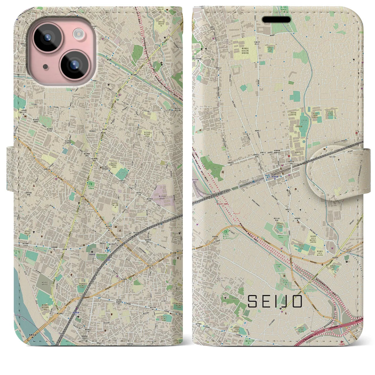 【成城】地図柄iPhoneケース（手帳両面タイプ・ナチュラル）iPhone 15 Plus 用