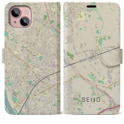 【成城（東京都）】地図柄iPhoneケース（手帳タイプ）ナチュラル・iPhone 15 Plus 用