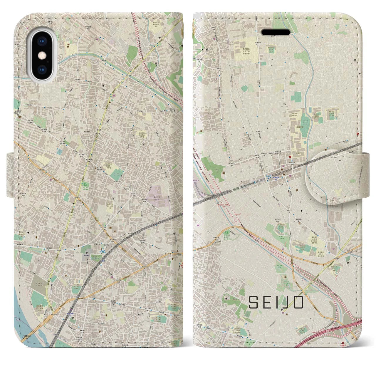 【成城】地図柄iPhoneケース（手帳両面タイプ・ナチュラル）iPhone XS Max 用