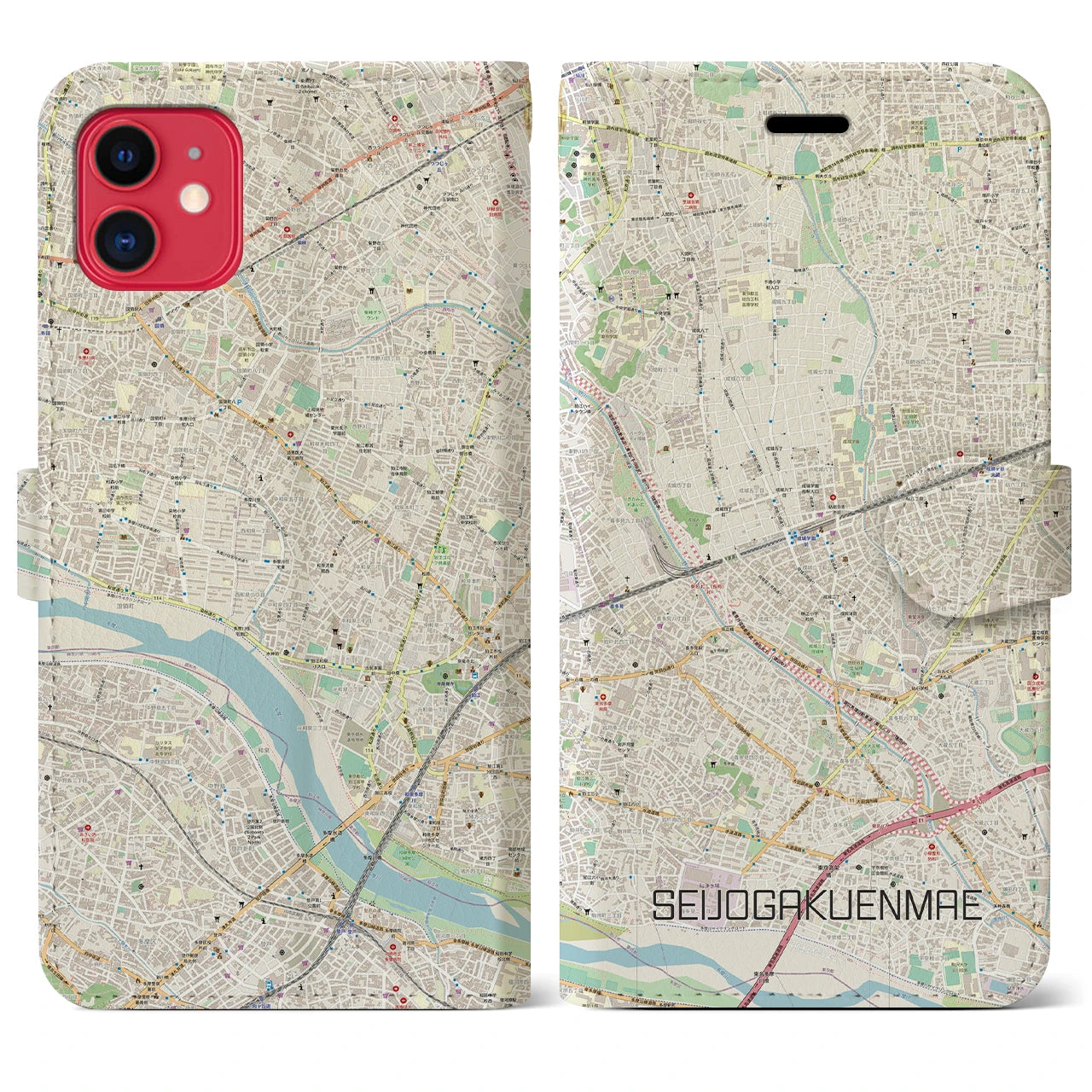 【成城学園前】地図柄iPhoneケース（手帳両面タイプ・ナチュラル）iPhone 11 用