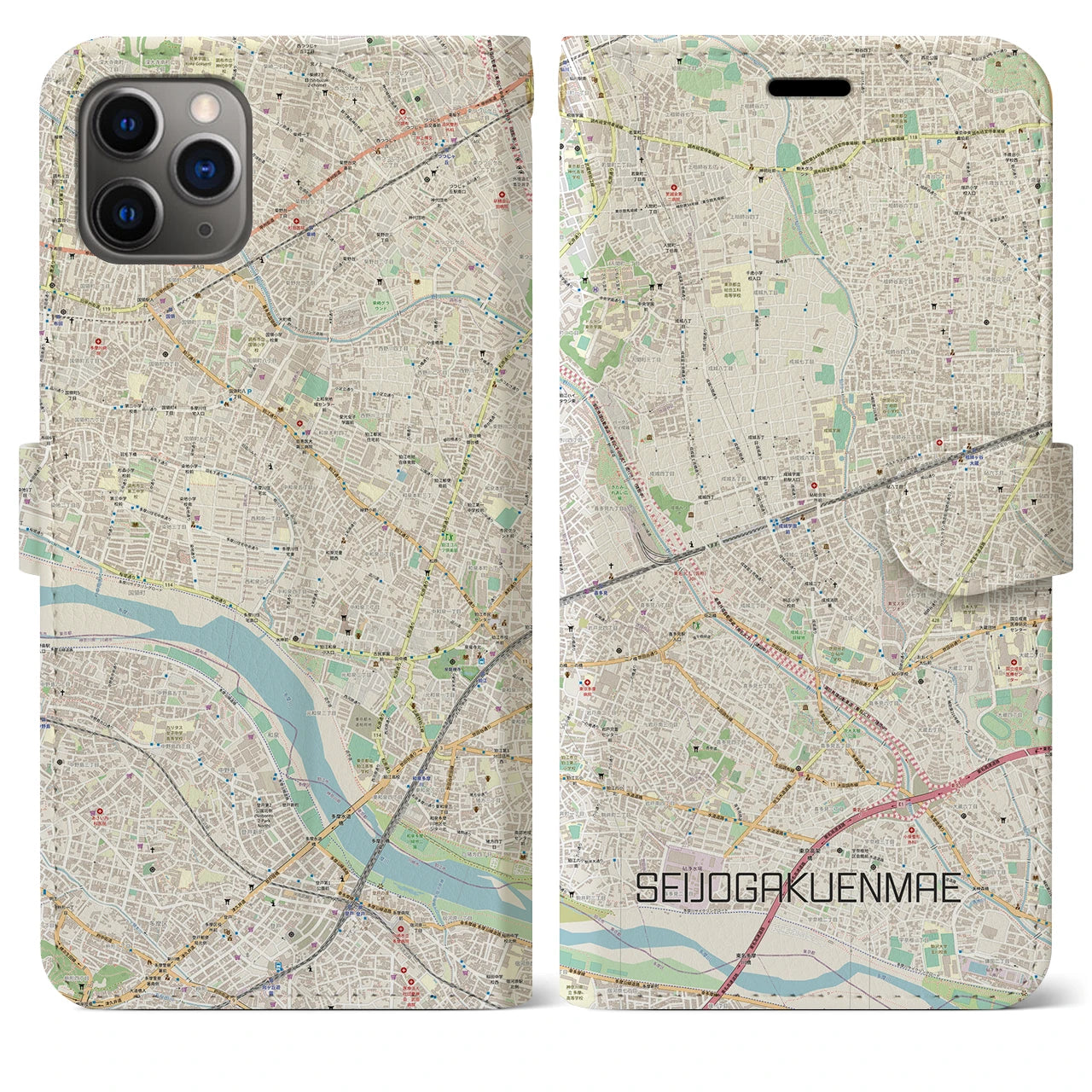 【成城学園前】地図柄iPhoneケース（手帳両面タイプ・ナチュラル）iPhone 11 Pro Max 用