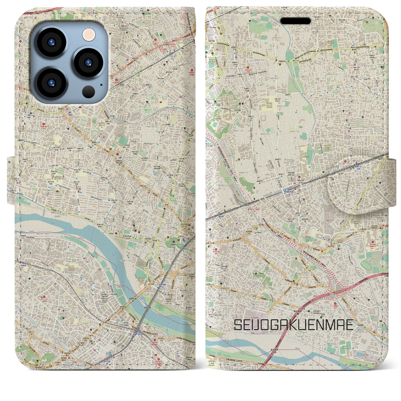 【成城学園前】地図柄iPhoneケース（手帳両面タイプ・ナチュラル）iPhone 13 Pro Max 用