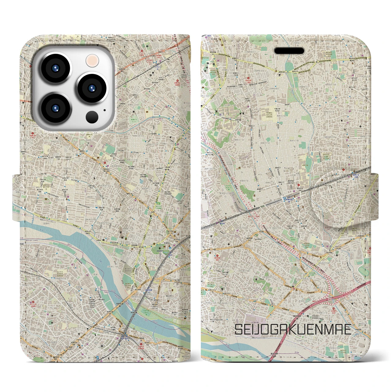 【成城学園前】地図柄iPhoneケース（手帳両面タイプ・ナチュラル）iPhone 13 Pro 用