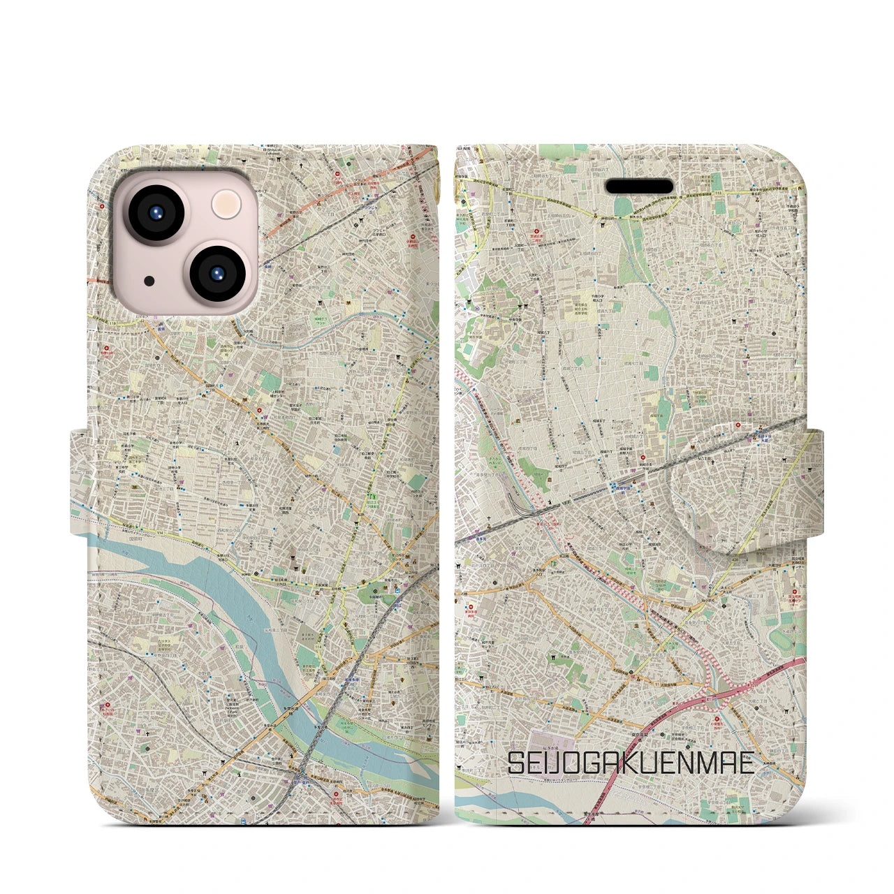 【成城学園前】地図柄iPhoneケース（手帳両面タイプ・ナチュラル）iPhone 13 mini 用