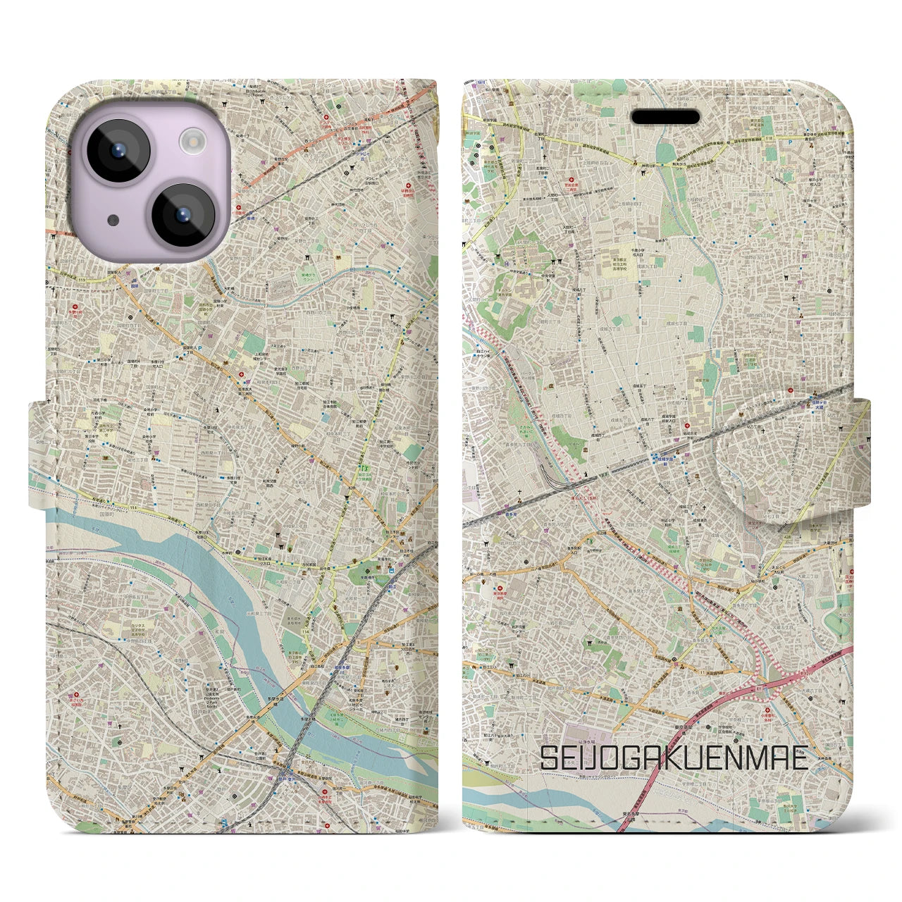 【成城学園前】地図柄iPhoneケース（手帳両面タイプ・ナチュラル）iPhone 14 用
