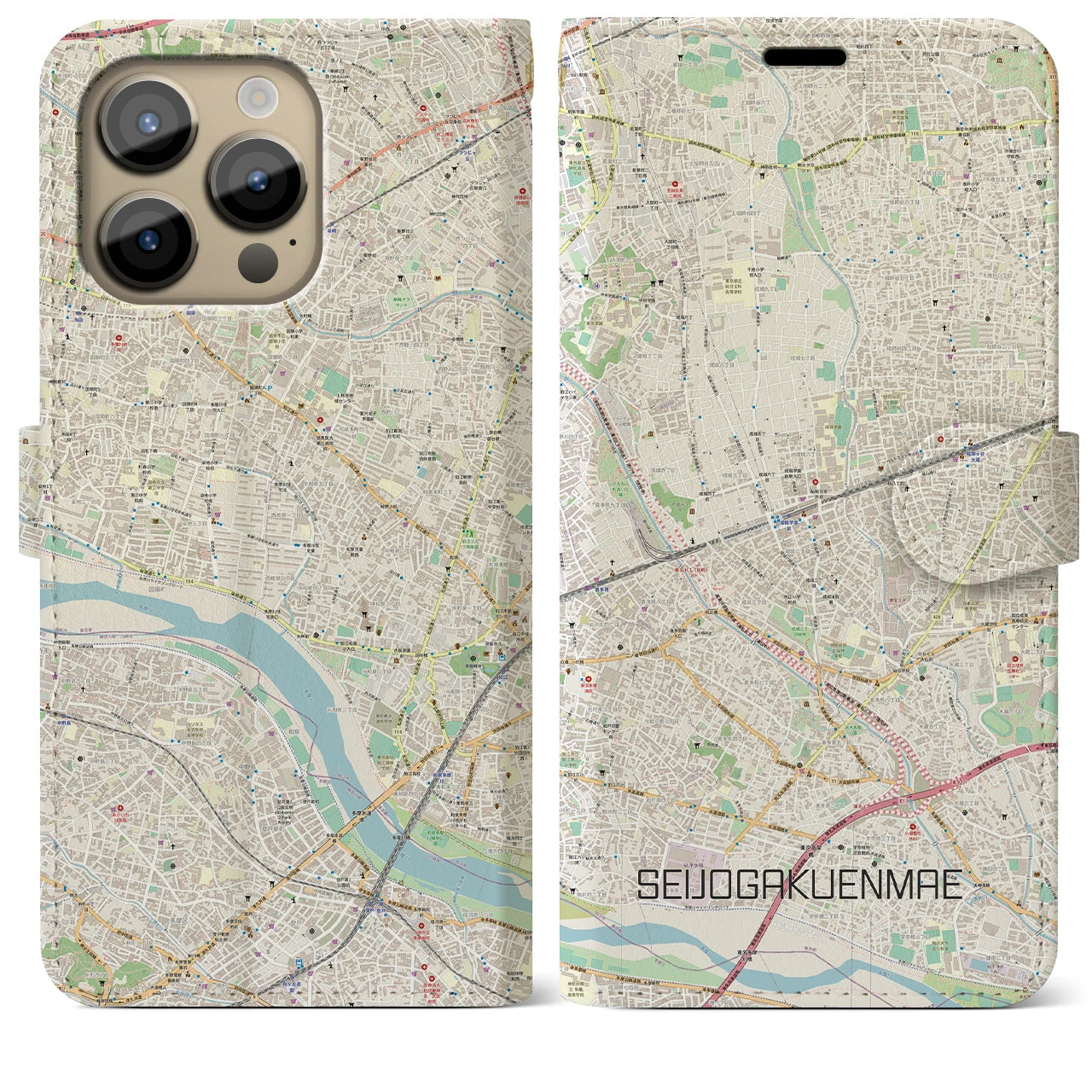 【成城学園前】地図柄iPhoneケース（手帳両面タイプ・ナチュラル）iPhone 14 Pro Max 用