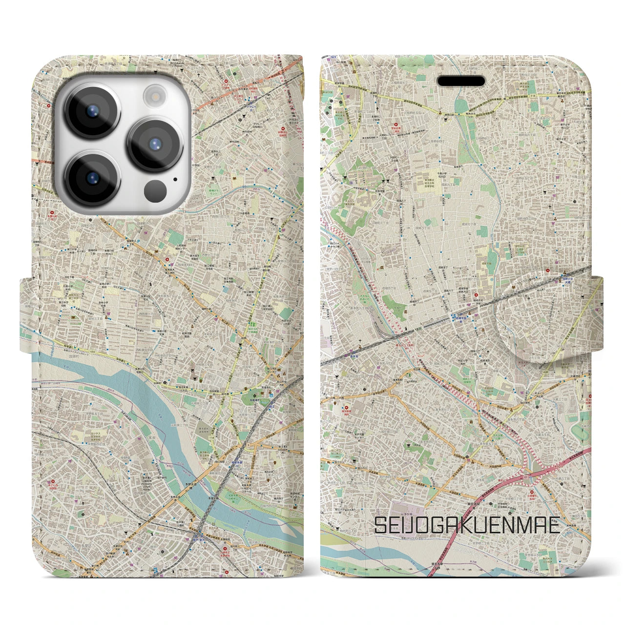 【成城学園前】地図柄iPhoneケース（手帳両面タイプ・ナチュラル）iPhone 14 Pro 用