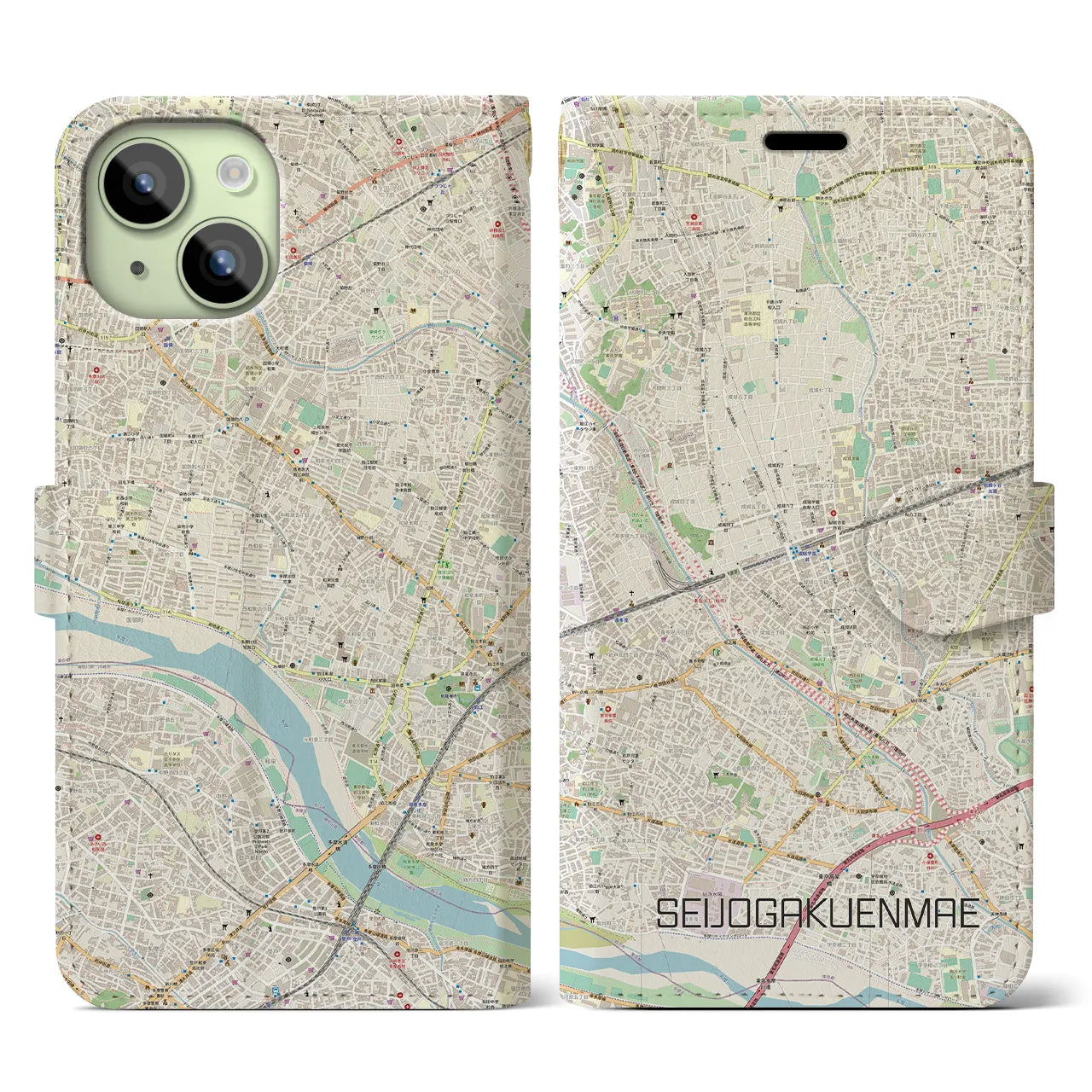【成城学園前】地図柄iPhoneケース（手帳両面タイプ・ナチュラル）iPhone 15 用