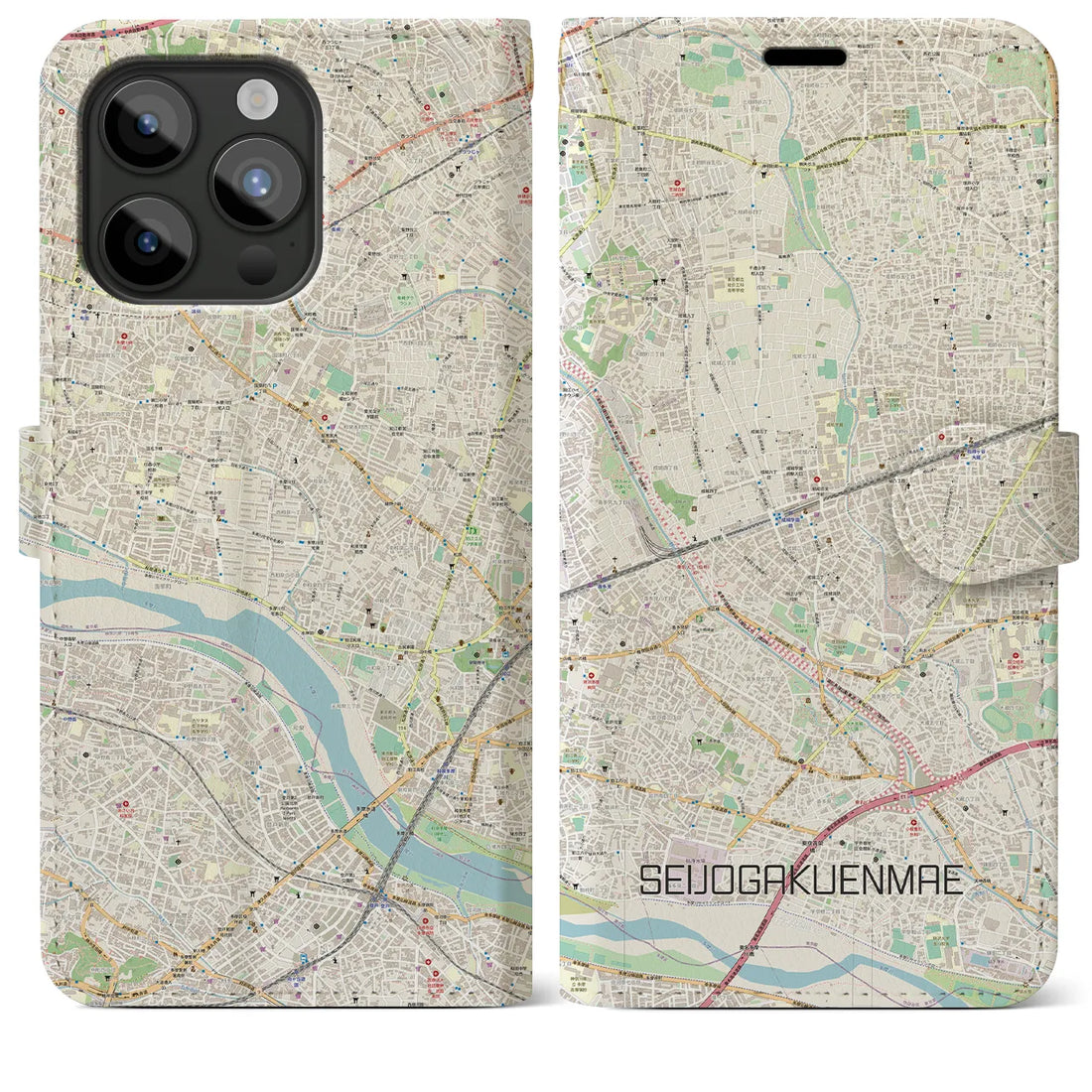 【成城学園前】地図柄iPhoneケース（手帳両面タイプ・ナチュラル）iPhone 15 Pro Max 用