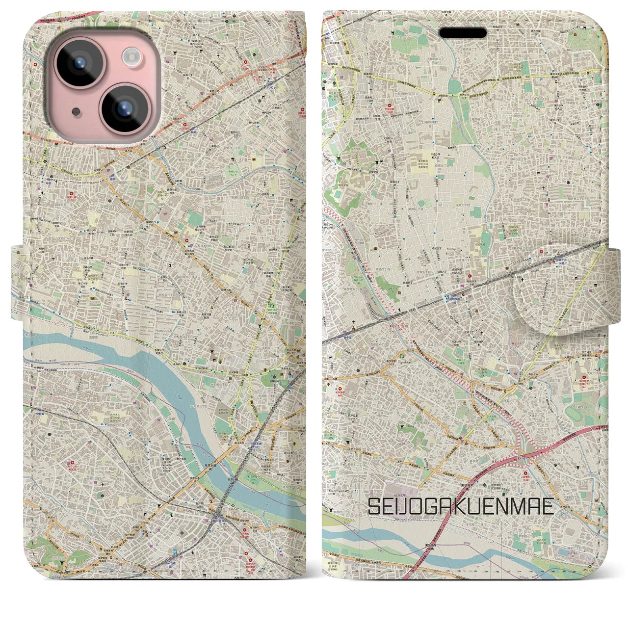 【成城学園前】地図柄iPhoneケース（手帳両面タイプ・ナチュラル）iPhone 15 Plus 用