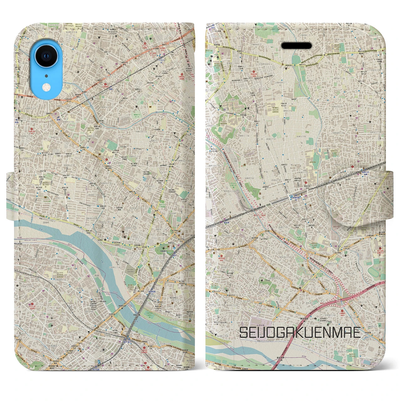 【成城学園前】地図柄iPhoneケース（手帳両面タイプ・ナチュラル）iPhone XR 用