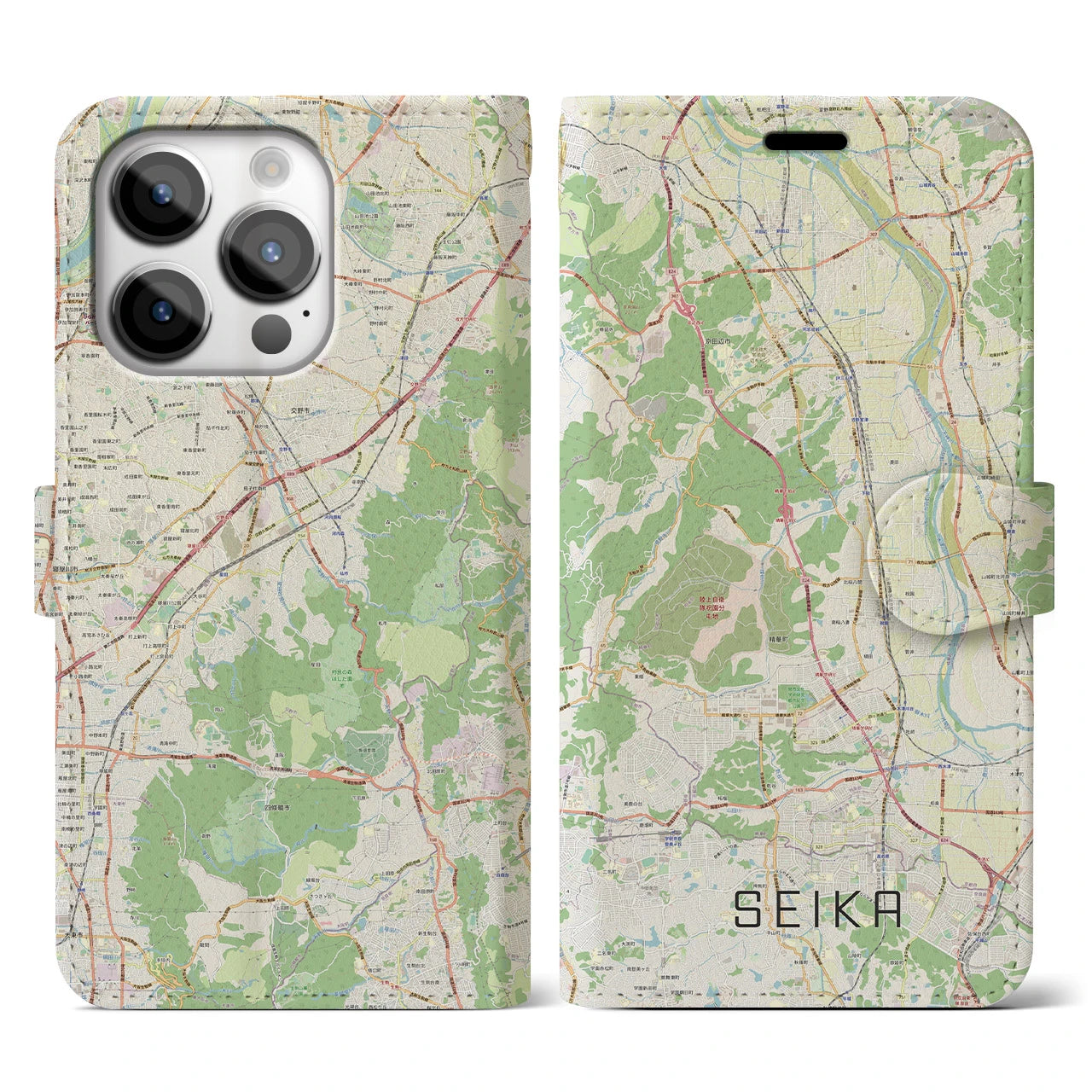 【精華】地図柄iPhoneケース（手帳両面タイプ・ナチュラル）iPhone 14 Pro 用