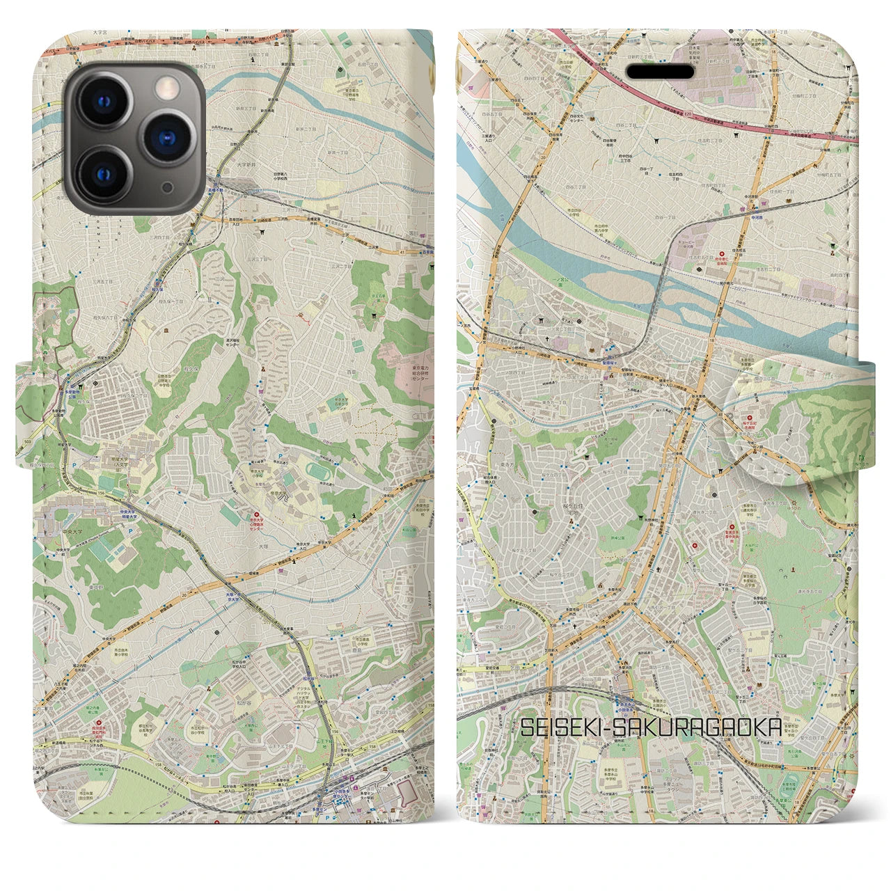 【聖蹟桜ヶ丘】地図柄iPhoneケース（手帳両面タイプ・ナチュラル）iPhone 11 Pro Max 用