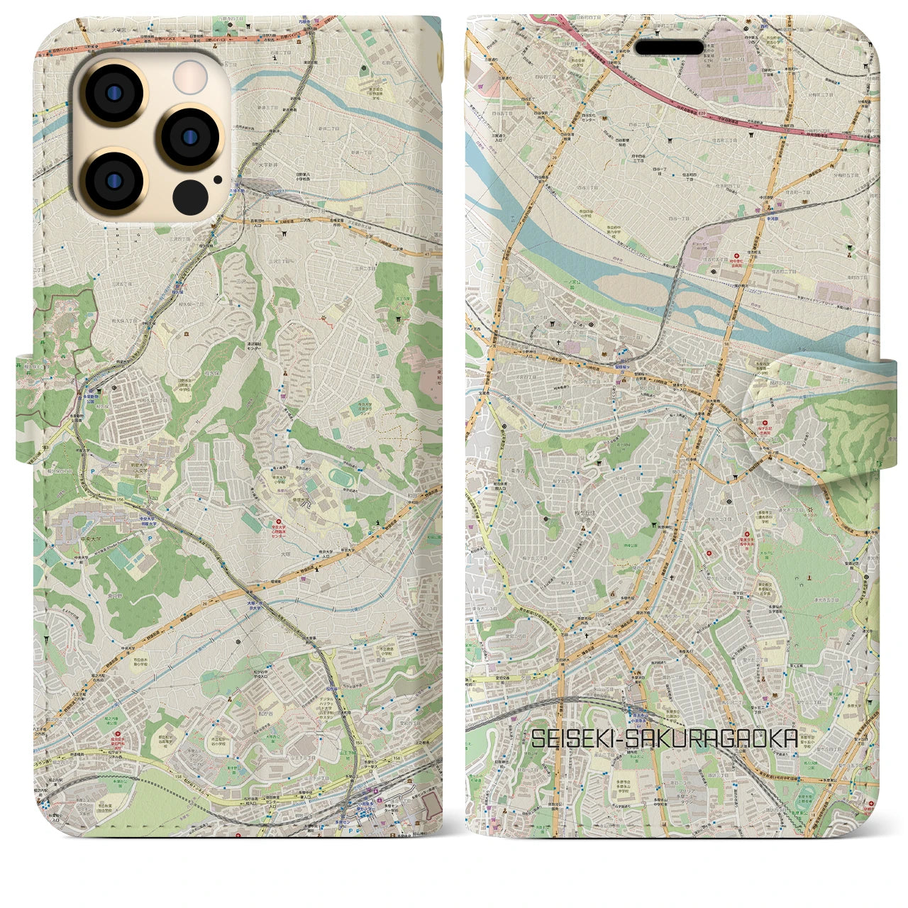 【聖蹟桜ヶ丘】地図柄iPhoneケース（手帳両面タイプ・ナチュラル）iPhone 12 Pro Max 用