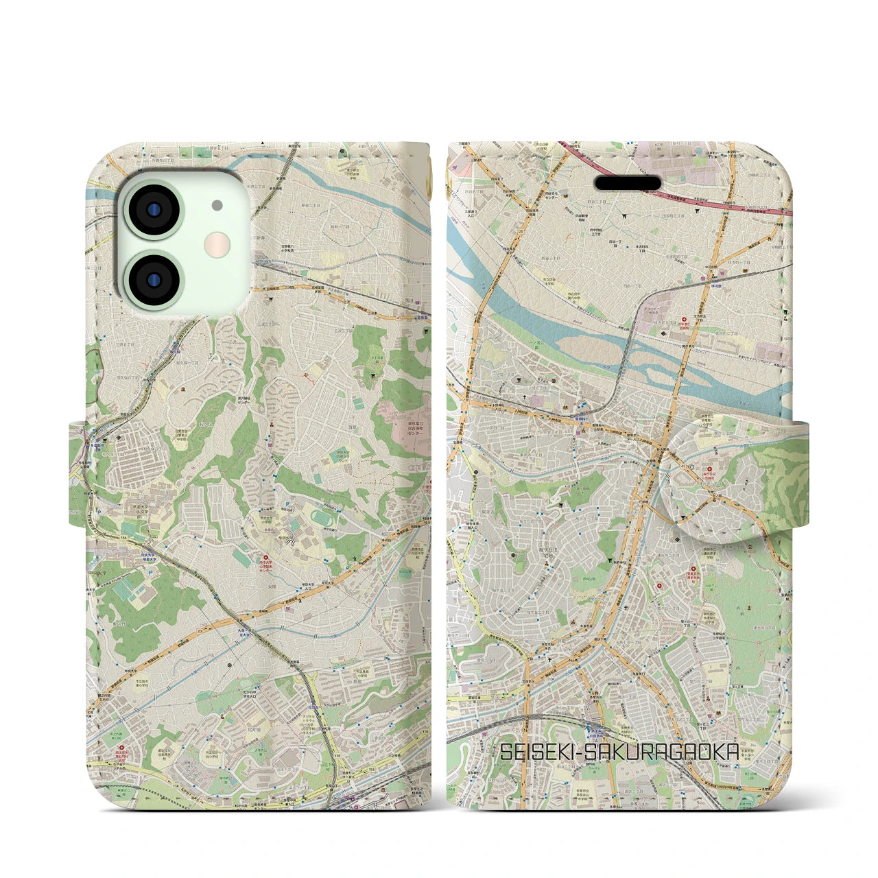 【聖蹟桜ヶ丘】地図柄iPhoneケース（手帳両面タイプ・ナチュラル）iPhone 12 mini 用