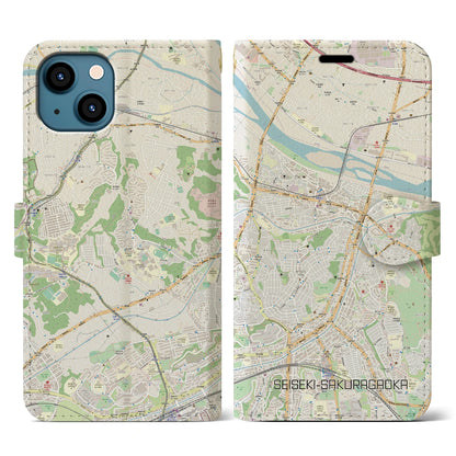 【聖蹟桜ヶ丘（東京都）】地図柄iPhoneケース（手帳タイプ）ナチュラル・iPhone 13 用
