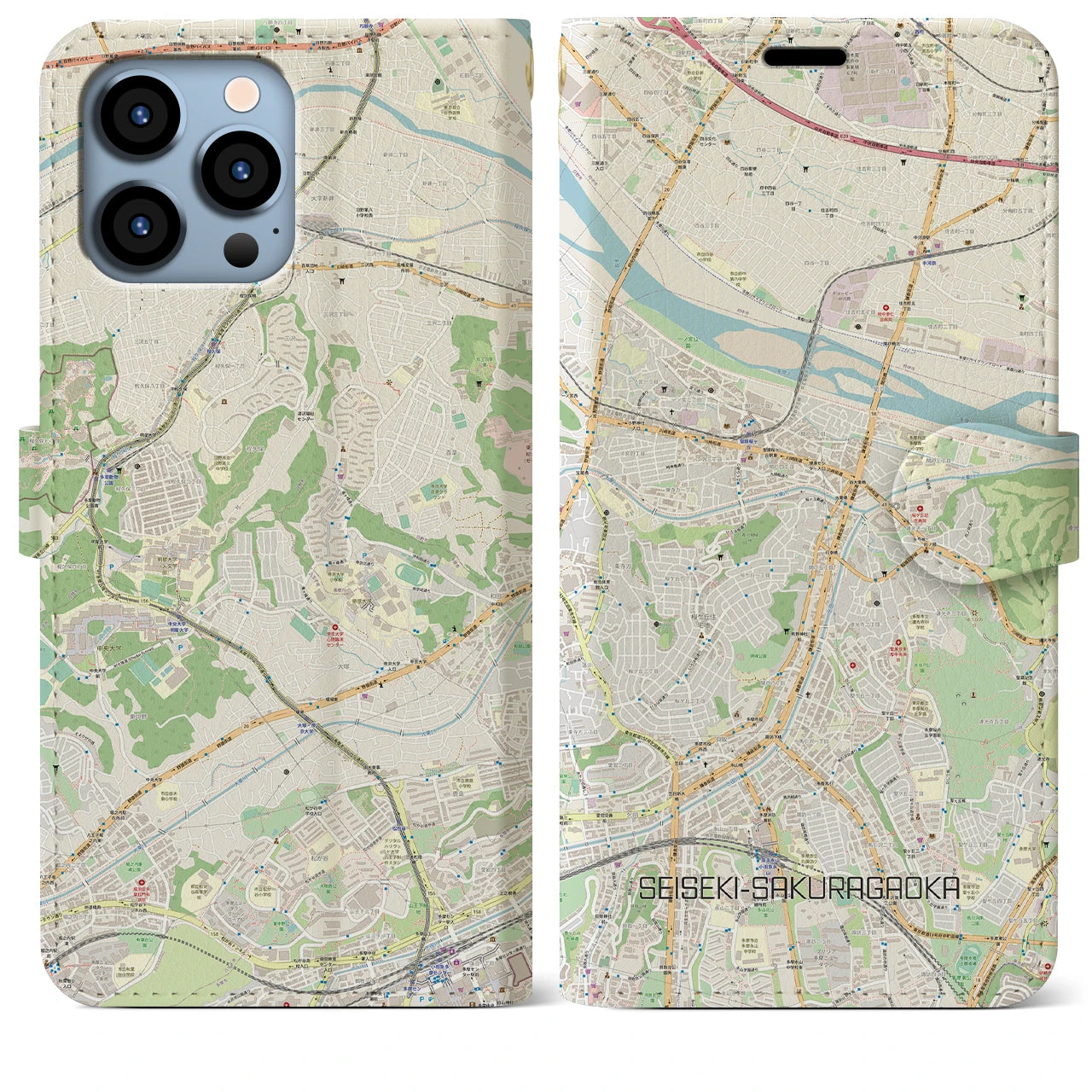 【聖蹟桜ヶ丘】地図柄iPhoneケース（手帳両面タイプ・ナチュラル）iPhone 13 Pro Max 用