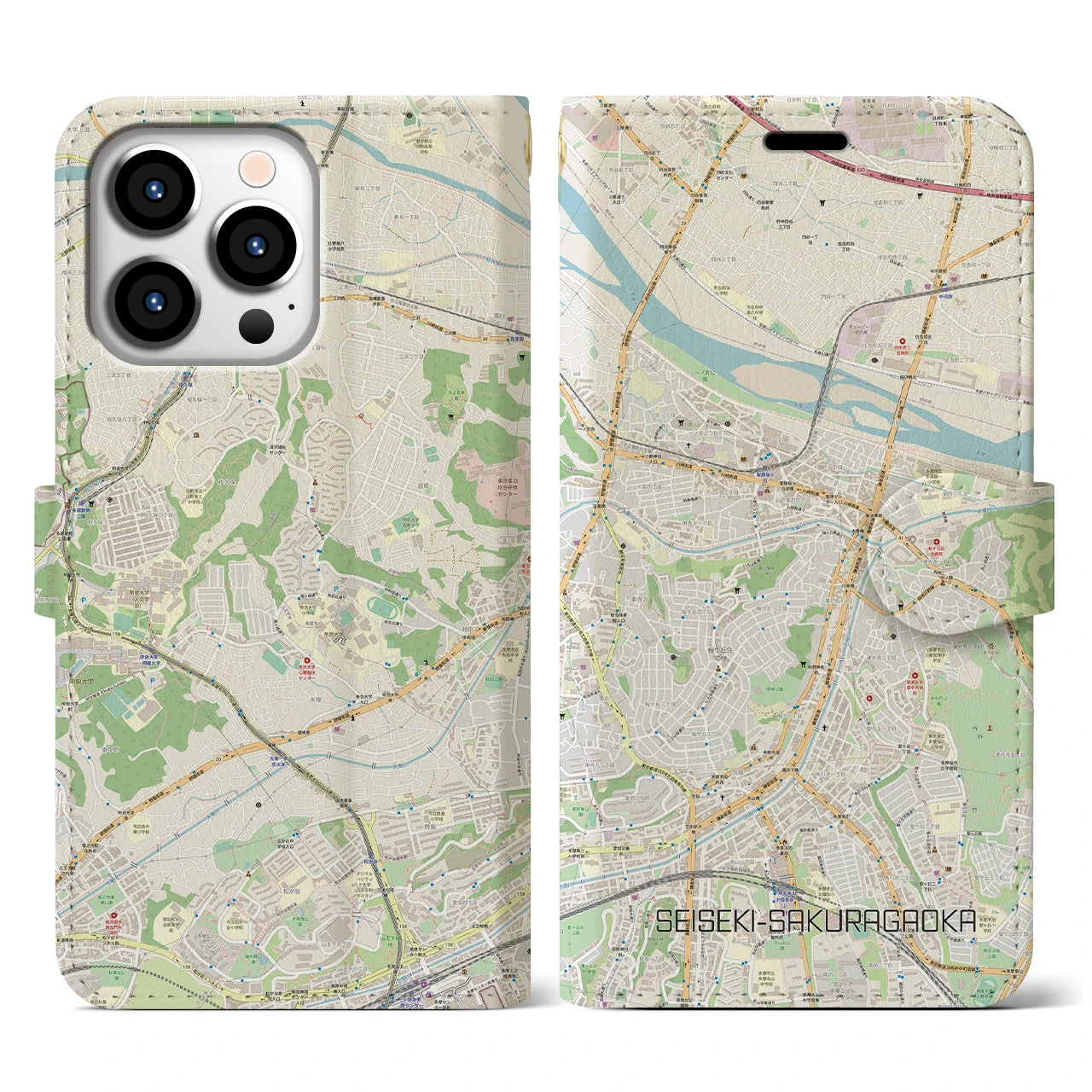 【聖蹟桜ヶ丘】地図柄iPhoneケース（手帳両面タイプ・ナチュラル）iPhone 13 Pro 用