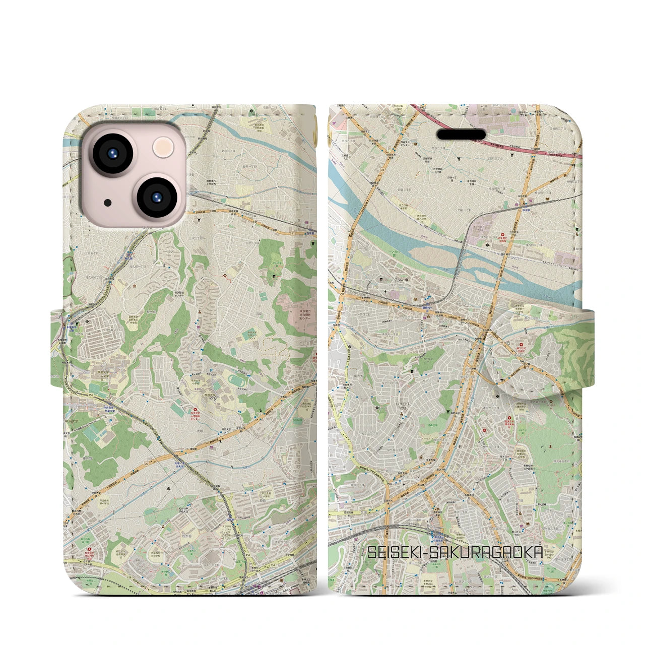 【聖蹟桜ヶ丘】地図柄iPhoneケース（手帳両面タイプ・ナチュラル）iPhone 13 mini 用