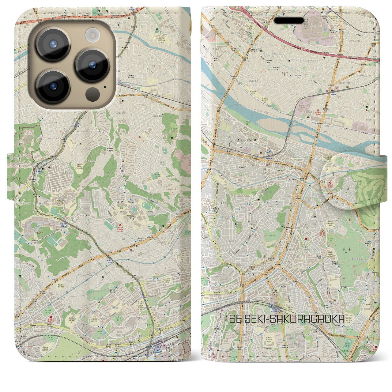 【聖蹟桜ヶ丘】地図柄iPhoneケース（手帳両面タイプ・ナチュラル）iPhone 14 Pro Max 用