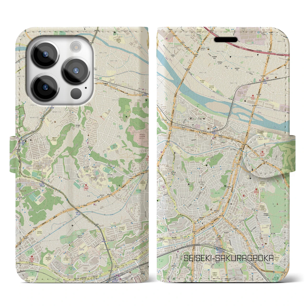 【聖蹟桜ヶ丘】地図柄iPhoneケース（手帳両面タイプ・ナチュラル）iPhone 14 Pro 用