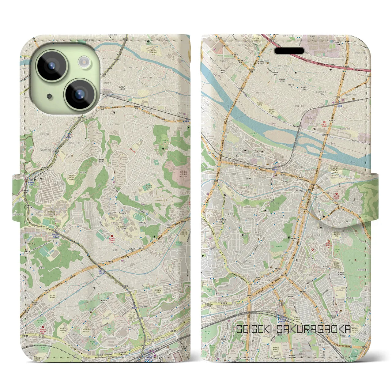 【聖蹟桜ヶ丘】地図柄iPhoneケース（手帳両面タイプ・ナチュラル）iPhone 15 用