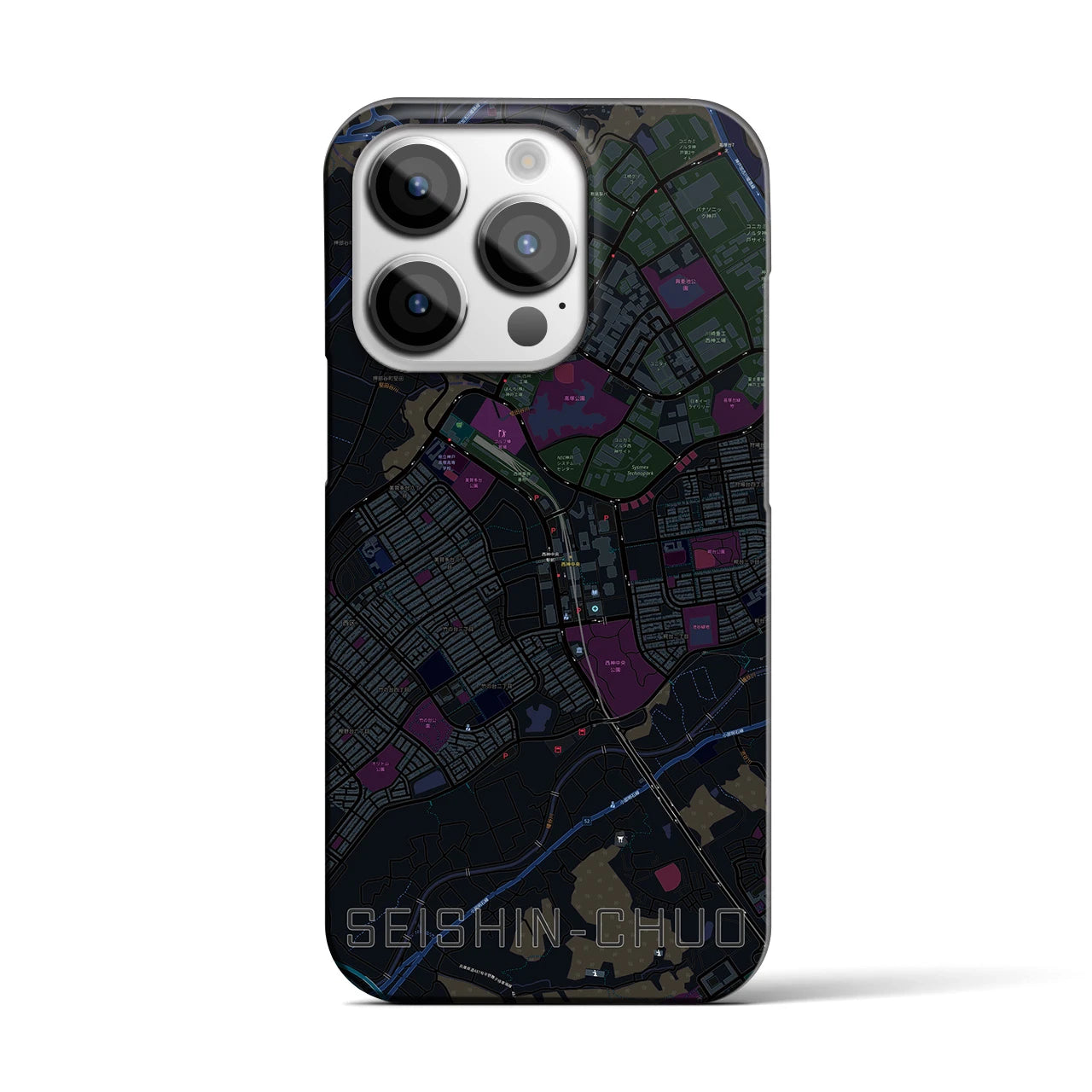 【西神中央】地図柄iPhoneケース（バックカバータイプ・ブラック）iPhone 14 Pro 用