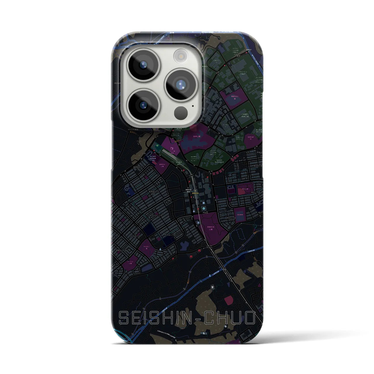 【西神中央】地図柄iPhoneケース（バックカバータイプ・ブラック）iPhone 15 Pro 用