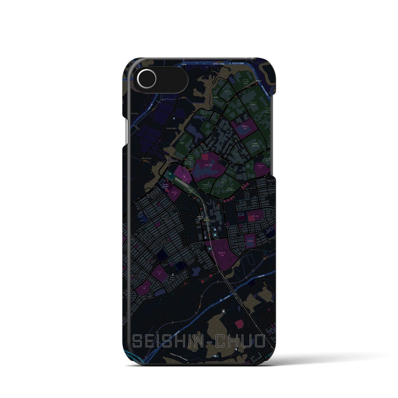 【西神中央】地図柄iPhoneケース（バックカバータイプ・ブラック）iPhone SE（第3 / 第2世代） / 8 / 7 / 6s / 6 用