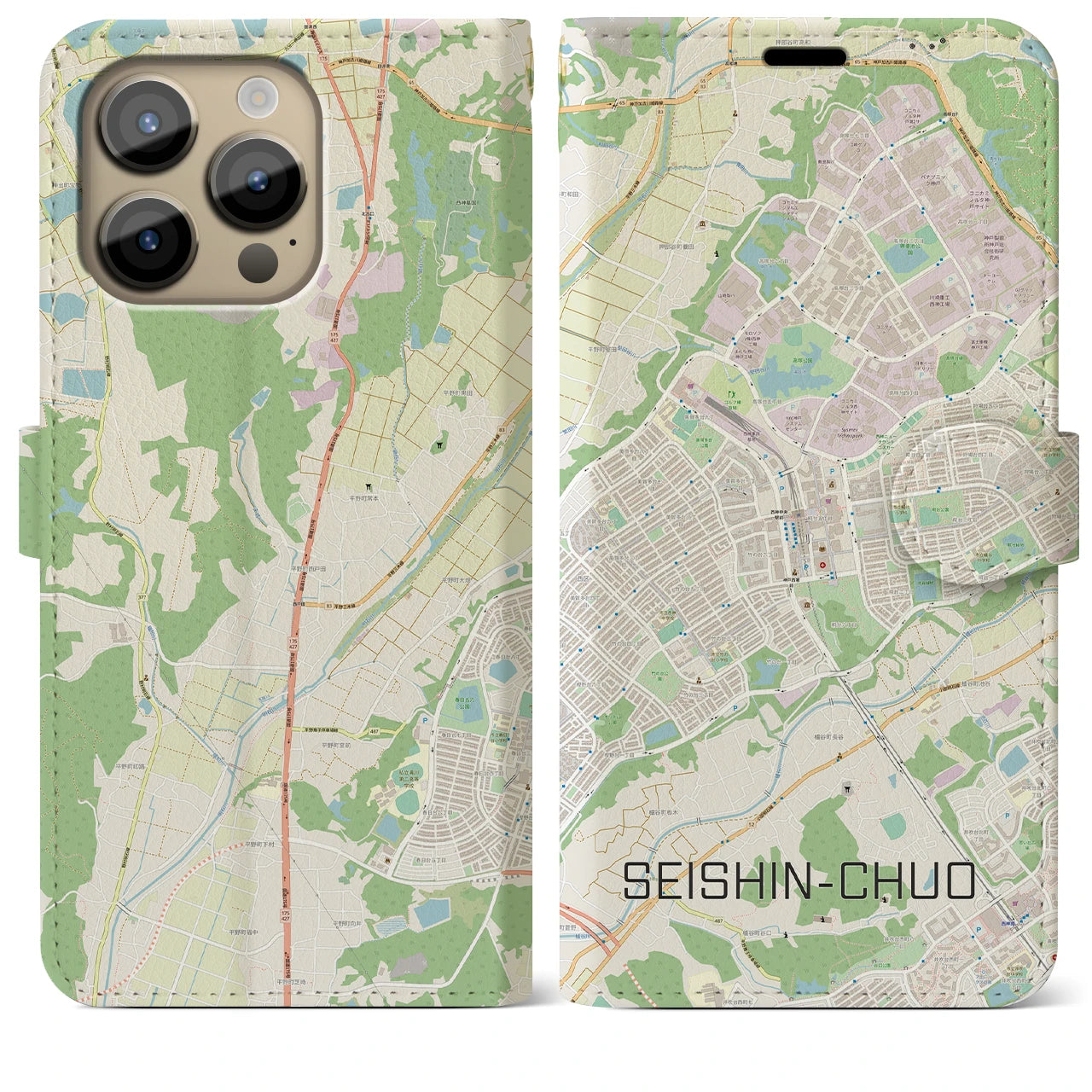 【西神中央】地図柄iPhoneケース（手帳両面タイプ・ナチュラル）iPhone 14 Pro Max 用