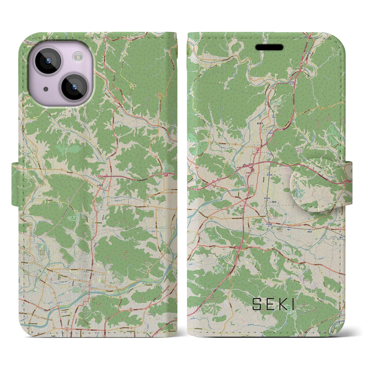 【関】地図柄iPhoneケース（手帳両面タイプ・ナチュラル）iPhone 14 用