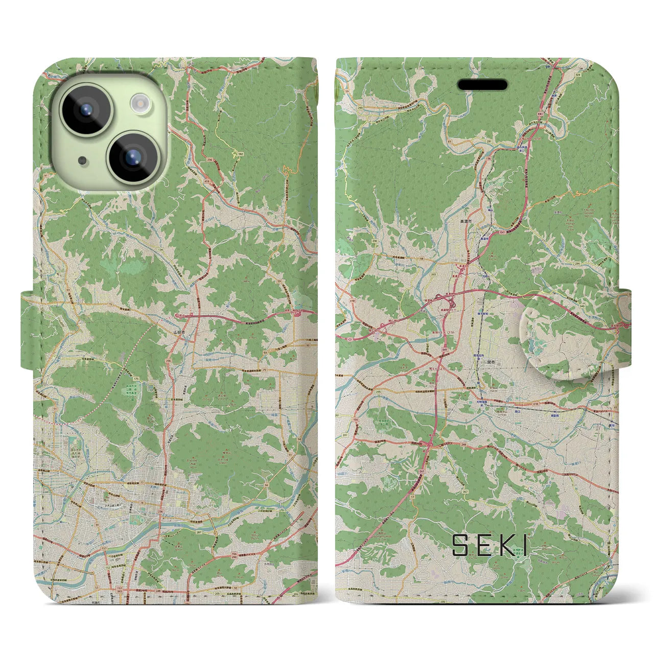 【関】地図柄iPhoneケース（手帳両面タイプ・ナチュラル）iPhone 15 用