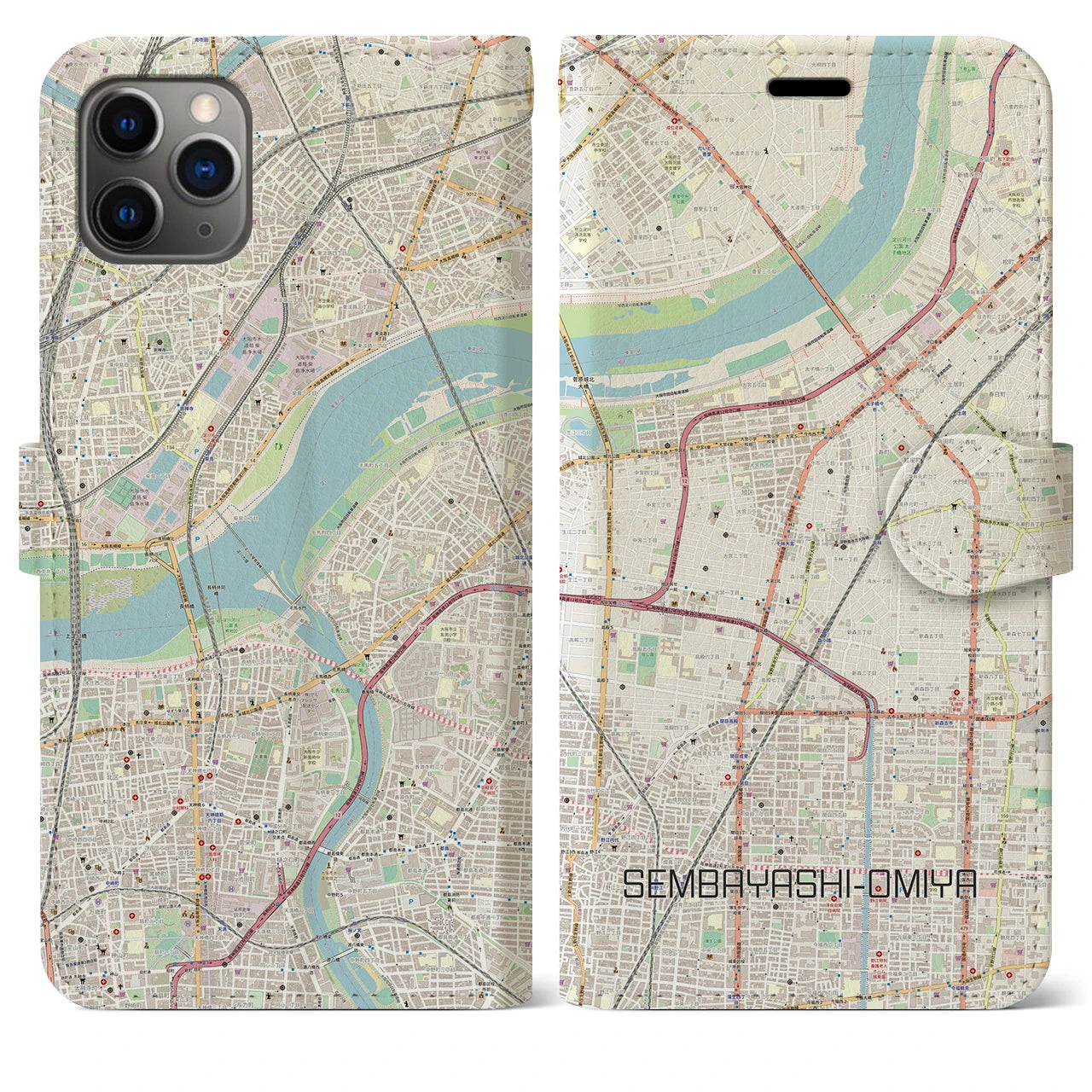 【千林大宮】地図柄iPhoneケース（手帳両面タイプ・ナチュラル）iPhone 11 Pro Max 用