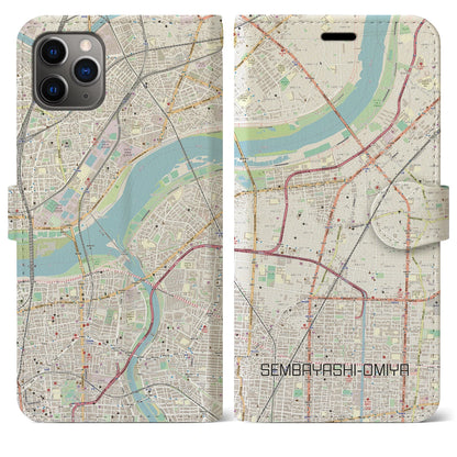 【千林大宮（大阪府）】地図柄iPhoneケース（手帳タイプ）ナチュラル・iPhone 11 Pro Max 用