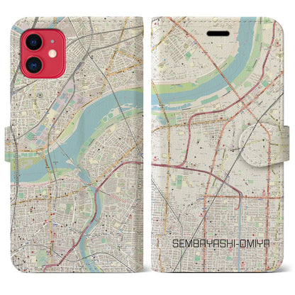 【千林大宮（大阪府）】地図柄iPhoneケース（手帳タイプ）ナチュラル・iPhone 11 用