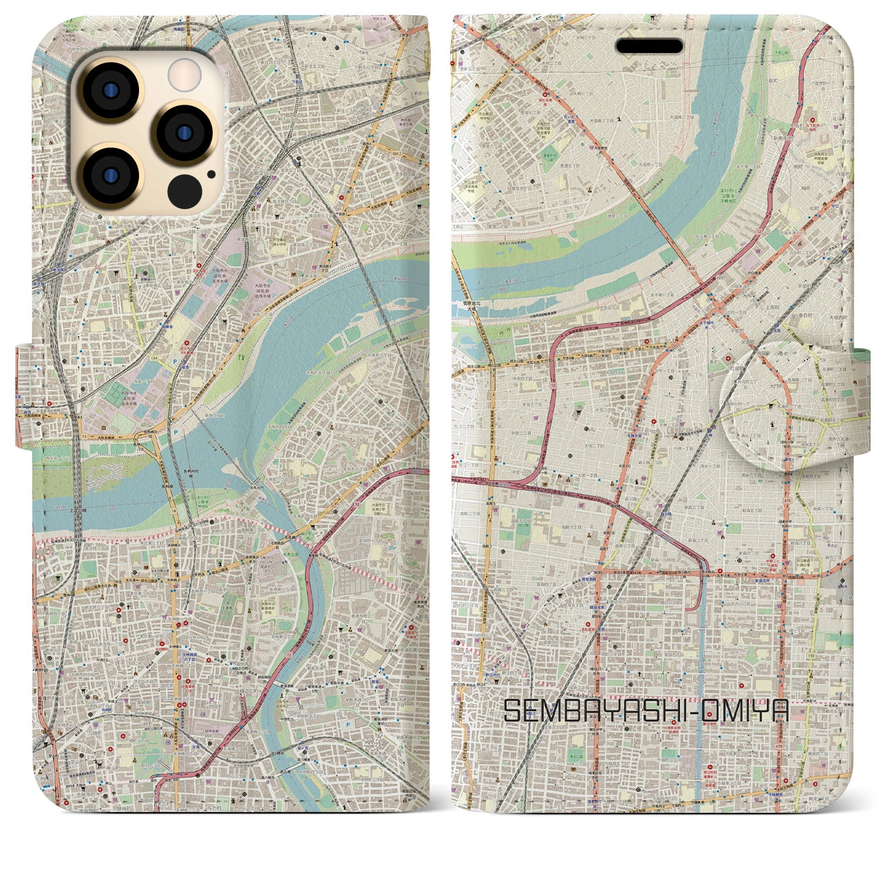 【千林大宮】地図柄iPhoneケース（手帳両面タイプ・ナチュラル）iPhone 12 Pro Max 用