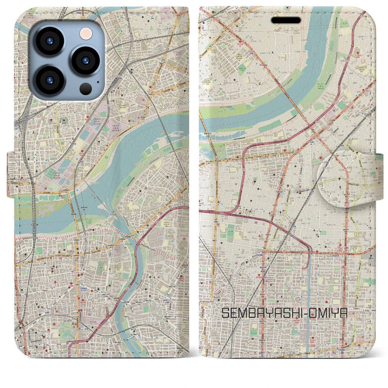 【千林大宮】地図柄iPhoneケース（手帳両面タイプ・ナチュラル）iPhone 13 Pro Max 用
