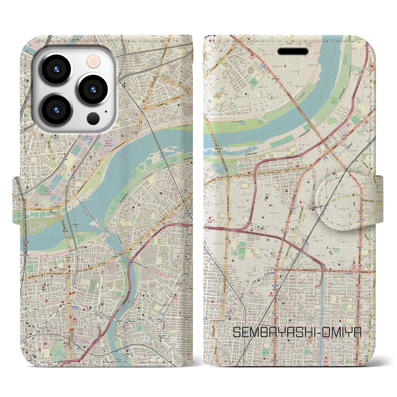 【千林大宮】地図柄iPhoneケース（手帳両面タイプ・ナチュラル）iPhone 13 Pro 用