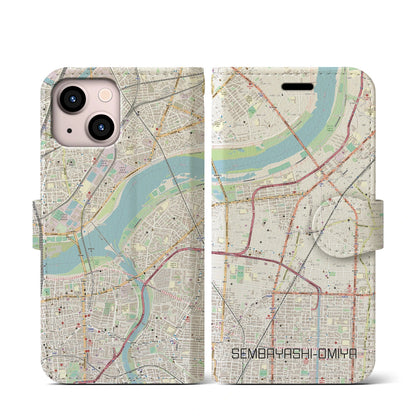 【千林大宮（大阪府）】地図柄iPhoneケース（手帳タイプ）ナチュラル・iPhone 13 mini 用