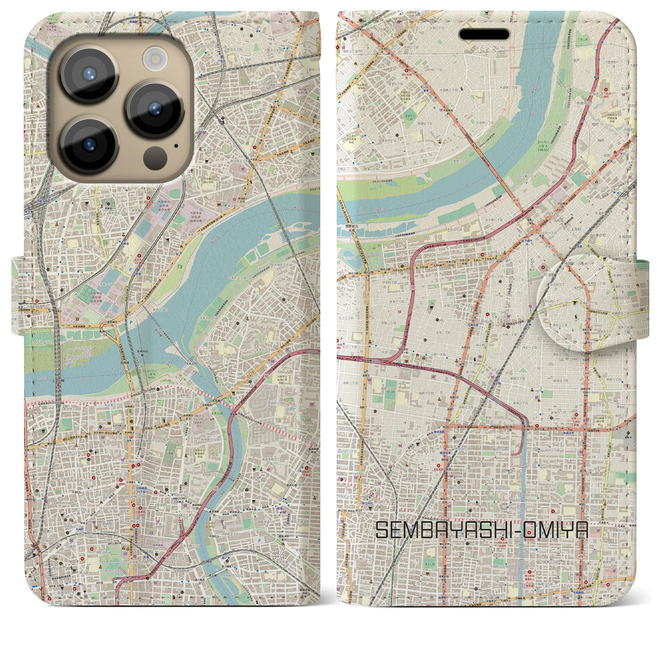 【千林大宮】地図柄iPhoneケース（手帳両面タイプ・ナチュラル）iPhone 14 Pro Max 用